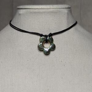 Green Ceramic Flower Pendant Choker Necklace Handmade Boho Hippie Whimsical Y2K